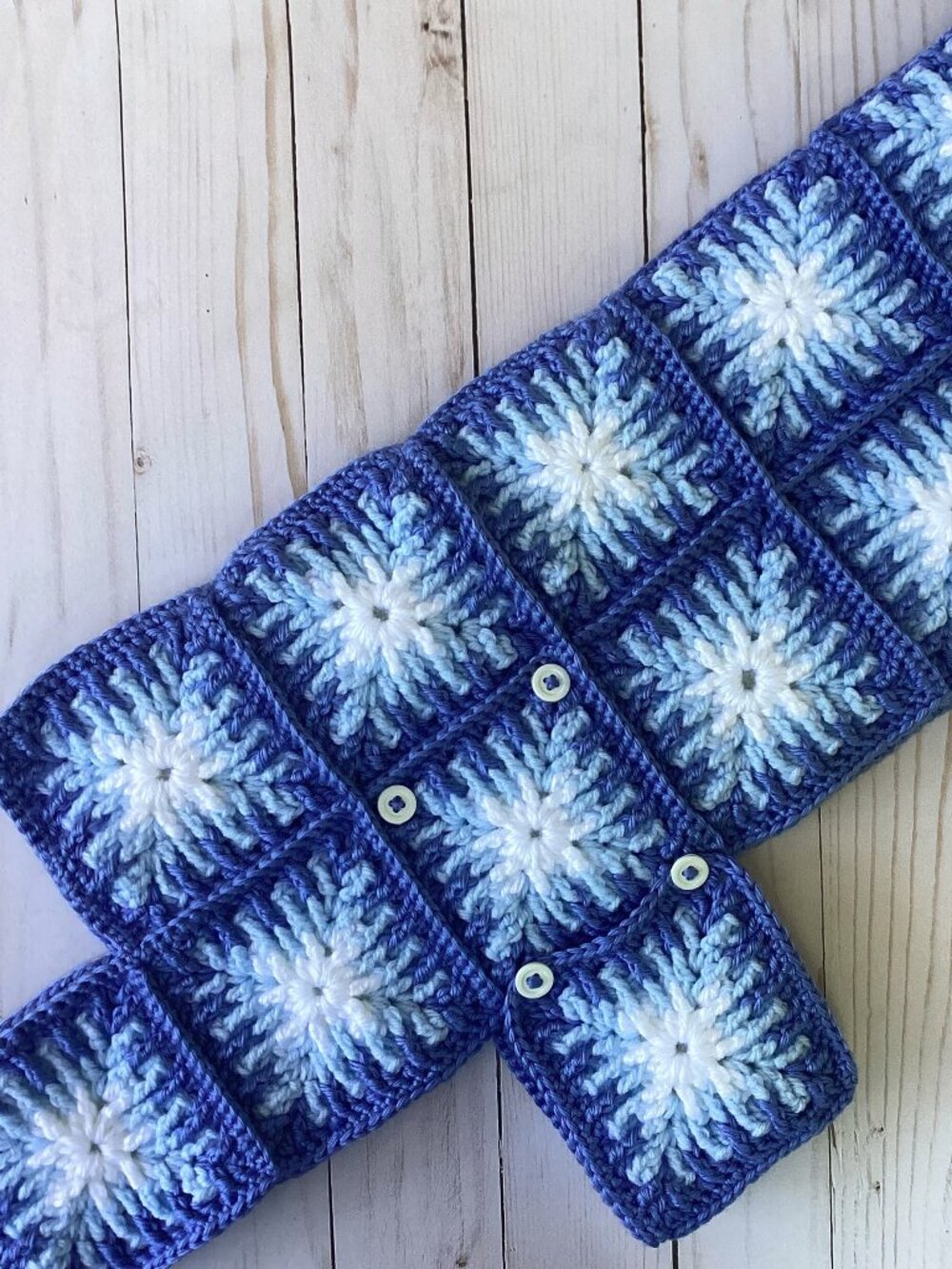 Handmade Crocheted Dog Coat with Blue Snowflakes (Size Medium/Large)